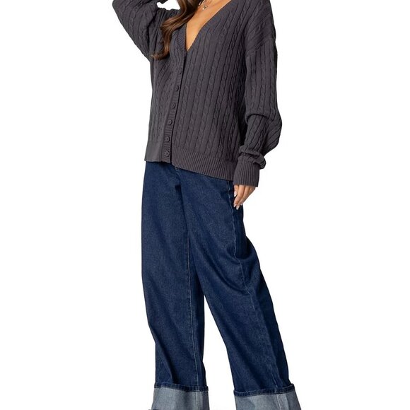 Edikted Francine Oversized V Neck Cardigan Dark Gray - Picture 3 of 3